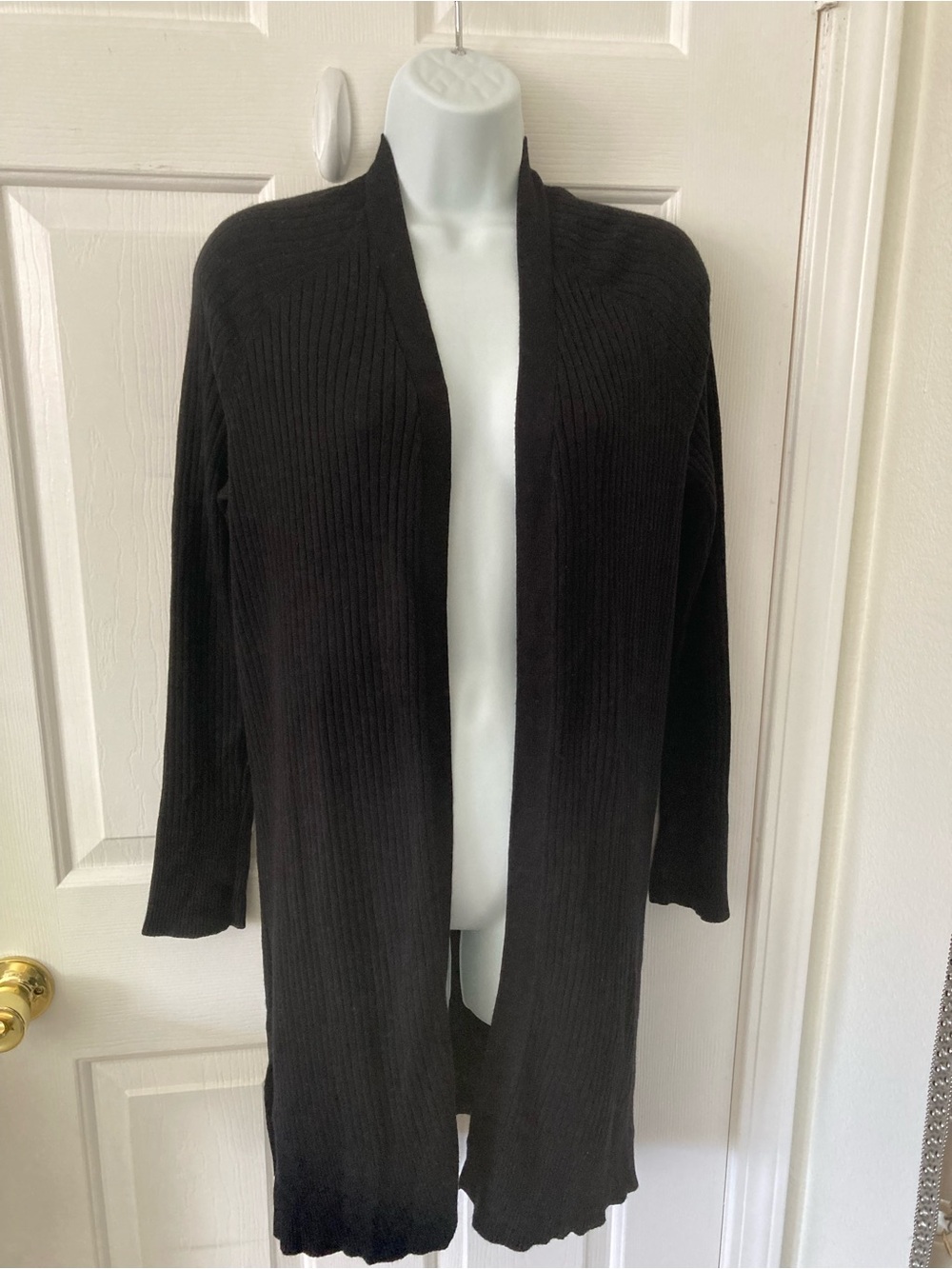 Cable & Gauge Black Ribbed Open-Front Long Cardigan